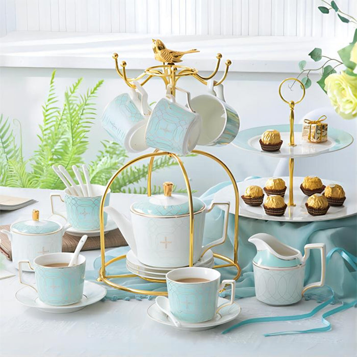 Light Blue Plaid Gold Trim Ceramic Tea Set-4
