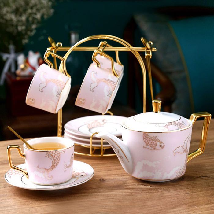 Carp Pattern Gold Trim Frosted Ceramic Tea Set-6