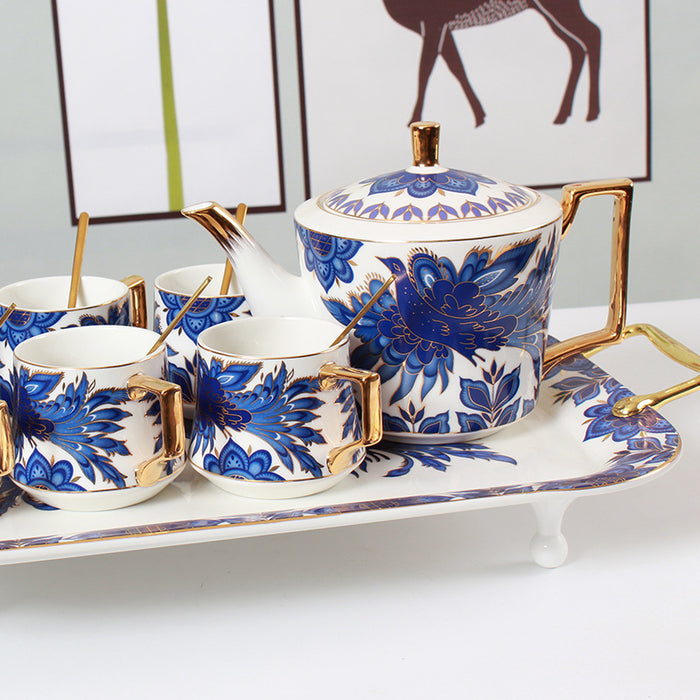 Blue Phoenix and Flower Gold Trim Ceramic Tea Set-3