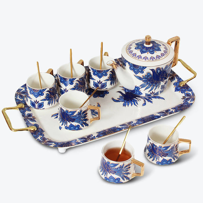 Blue Phoenix and Flower Gold Trim Ceramic Tea Set-1