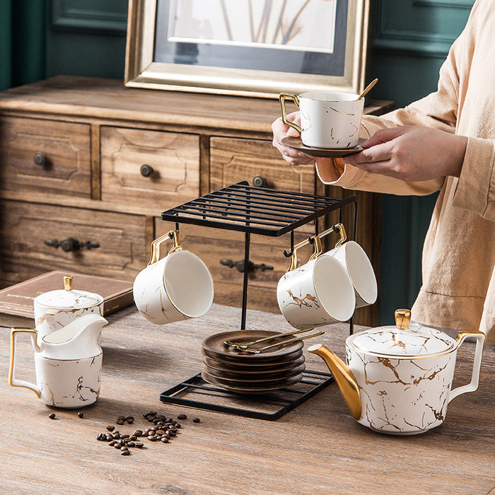 Marble Pattern Gold Trim Ceramic Tea Set-2
