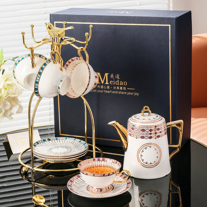 Gem Pattern Bone China Gold Trim Tea Set-2