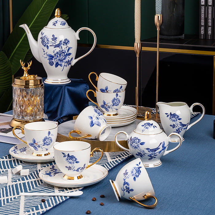 Blue Flower and Bird Bone China Tea Set-2