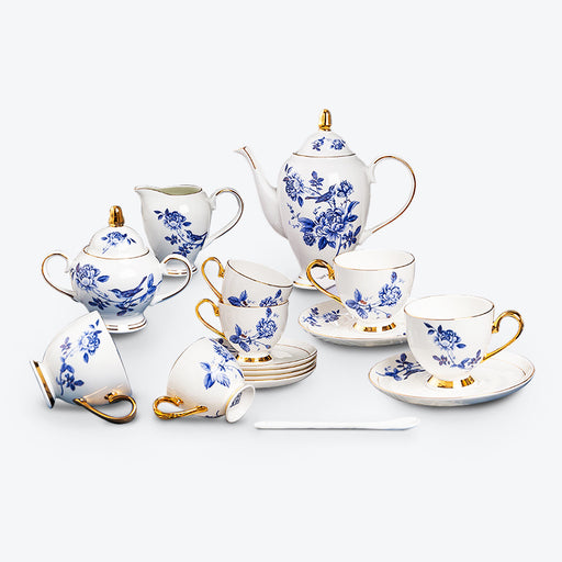 Blue Flower and Bird Bone China Tea Set-1